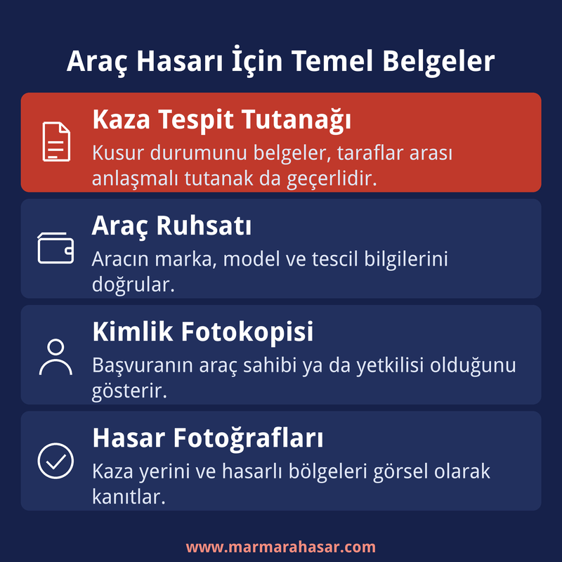 Araç değer kaybı için gerekli belgeler: kaza tespit tutanağı, ruhsat ve kimlik