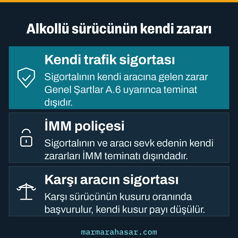 Alkollü sürücünün kendi aracı ve yaralanması için trafik sigortası, İMM ve karşı aracın sigortasının durumunu gösteren kart