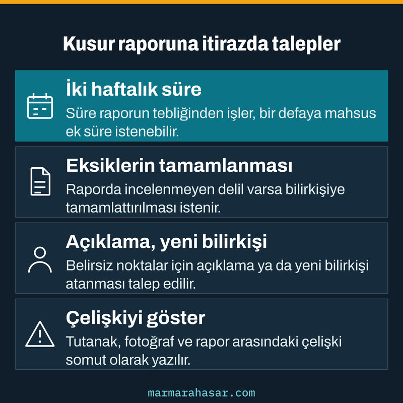 Tahkim ve mahkemede kusur raporuna itirazda süre, tamamlama, açıklama ve çelişki taleplerini gösteren bilgi kartı