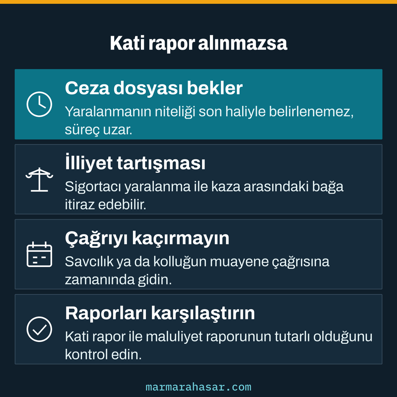 Kati rapor alınmadığında ceza ve tazminat dosyasında doğabilecek sorunları ve yapılacakları gösteren kart